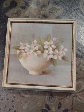 Framed Floral Canvas Art Print in Cream and Pink